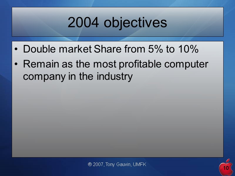 ® 2007, Tony Gauvin, UMFK 10 2004 objectives Double market Share from 5% to